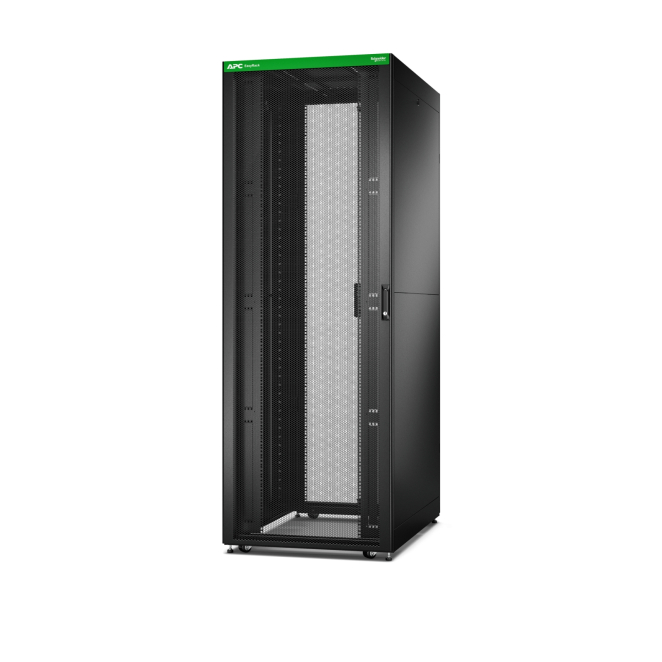 APC armario rack 48U independiente negro con alta capacidad Imagen del armario rack APC ER8822 de 48U en color negro, ideal para centros de datos
