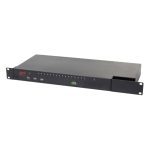 Switch KVM de APC modelo KVM1116R, soporta 16 dispositivos, diseño en negro, ideal para montaje en rack. SKU KVM1116R