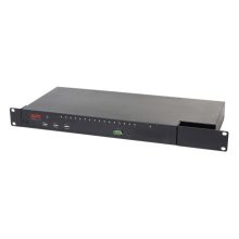 Switch KVM de APC modelo KVM1116R, soporta 16 dispositivos, diseño en negro, ideal para montaje en rack. SKU KVM1116R