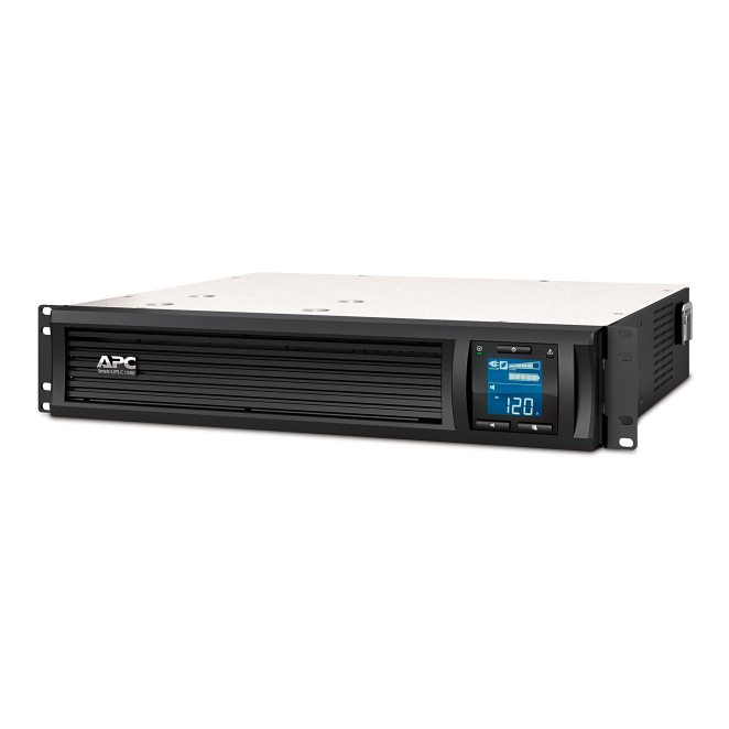 APC UPS Linea Interactiva 1.5 kVA 900W 4 Salidas AC Imagen del sistema de alimentación ininterrumpida APC modelo SMC1500I-2UC con capacidad de 1.5 kVA y 900 W, 4 salidas AC