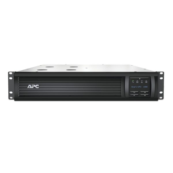 Vista frontal del APC SMT1000RMI2UC, un sistema de alimentación ininterrumpida (UPS) de línea interactiva con capacidad de 1 kVA y 700 W, que cuenta con 4 salidas AC. SKU: SMT1000RMI2UC.