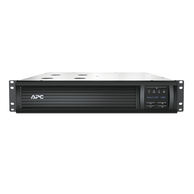 APC SAI Línea Interactiva 1 kVA 700 W con 4 Salidas AC Vista frontal del APC SMT1000RMI2UC, un sistema de alimentación ininterrumpida (UPS) de línea interactiva con capacidad de 1 kVA y 700 W, que cuenta con 4 salidas AC. SKU: SMT1000RMI2UC.