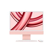 Imagen del Apple iMac en color rosa, equipado con procesador M3, 8 GB de RAM y 256 GB SSD, pantalla de 23.5 pulgadas y resolución 4480 x 2520, SKU MQRD3Y/A.