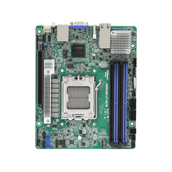 La imagen muestra la placa base Asrock AM5D4ID-2T/BCM con zócalo AM5, formato mini ITX y chipset X300, SKU AM5D4ID-2T/BCM