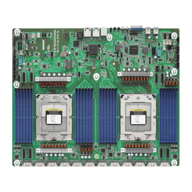 Asrock placa base AMD SoC Socket SP5 con soporte GENOA2D24G-2L+ Imagen de la Asrock GENOA2D24G-2L+ placa base AMD SoC Socket SP5 con detalles de conectores y puertos