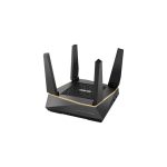 Imagen del router ASUS AiMesh AX6100 inalámbrico tribanda con Ethernet Gigabit, frecuencias 2.4 GHz y 5 GHz, en color negro, SKU 90IG04P0-MO3010