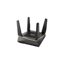Imagen del router ASUS AiMesh AX6100 inalámbrico tribanda con Ethernet Gigabit, frecuencias 2.4 GHz y 5 GHz, en color negro, SKU 90IG04P0-MO3010