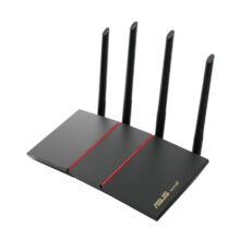 Router inalámbrico ASUS RT-AX55 con capacidad Gigabit Ethernet, doble banda 2,4 GHz y 5 GHz, color negro. SKU: RT-AX55