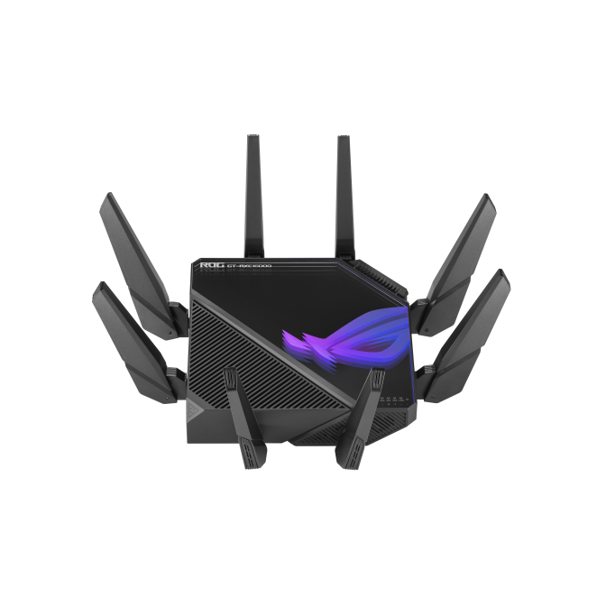 ASUS ROG Rapture GT-AXE16000 router inalámbrico 10 Gigabit Ethernet Tribanda (2.4 GHz / 5 GHz / 6 GHz) Negro 1 ASUS ROG Rapture GT-AXE16000 vista frontal y lateral