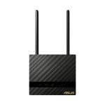 Imagen del router inalámbrico ASUS 4G-N16 con capacidad de banda única a 2.4 GHz, Gigabit Ethernet y un diseño en color negro.