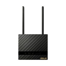 Imagen del router inalámbrico ASUS 4G-N16 con capacidad de banda única a 2.4 GHz, Gigabit Ethernet y un diseño en color negro.