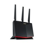 Imagen del router inalámbrico ASUS RT-AX86U Pro de doble banda, compatible con 2,4 GHz y 5 GHz, en color negro. SKU: 90IG07N0-MO3B00