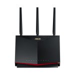 Imagen del router inalámbrico ASUS RT-AX86U Pro de doble banda, compatible con 2,4 GHz y 5 GHz, en color negro. SKU: 90IG07N0-MO3B00