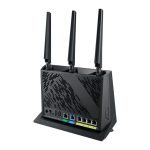 Imagen del router inalámbrico ASUS RT-AX86U Pro de doble banda, compatible con 2,4 GHz y 5 GHz, en color negro. SKU: 90IG07N0-MO3B00