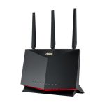 Imagen del router inalámbrico ASUS RT-AX86U Pro de doble banda, compatible con 2,4 GHz y 5 GHz, en color negro. SKU: 90IG07N0-MO3B00