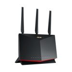 Imagen del router inalámbrico ASUS RT-AX86U Pro de doble banda, compatible con 2,4 GHz y 5 GHz, en color negro. SKU: 90IG07N0-MO3B00