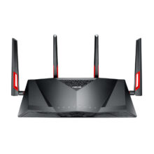 Imagen del router inalámbrico ASUS DSL-AC88U con doble banda (2.4 GHz y 5 GHz), Gigabit Ethernet y diseño en color negro. SKU: DSL-AC88U