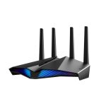 Imagen del router inalámbrico ASUS DSL-AX82U con Gigabit Ethernet, doble banda de 2,4 GHz y 5 GHz en color negro. SKU: DSL-AX82U