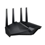 Imagen del router inalámbrico ASUS DSL-AX82U con Gigabit Ethernet, doble banda de 2,4 GHz y 5 GHz en color negro. SKU: DSL-AX82U