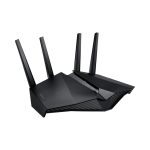 Imagen del router inalámbrico ASUS DSL-AX82U con Gigabit Ethernet, doble banda de 2,4 GHz y 5 GHz en color negro. SKU: DSL-AX82U