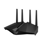 Imagen del router inalámbrico ASUS DSL-AX82U con Gigabit Ethernet, doble banda de 2,4 GHz y 5 GHz en color negro. SKU: DSL-AX82U