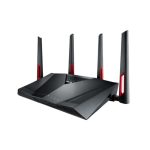 Router inalámbrico ASUS RT-AC88U con capacidades de doble banda (2,4 GHz y 5 GHz), Gigabit Ethernet y diseño en negro y rojo. SKU: RT-AC88U