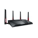 Router inalámbrico ASUS RT-AC88U con capacidades de doble banda (2,4 GHz y 5 GHz), Gigabit Ethernet y diseño en negro y rojo. SKU: RT-AC88U