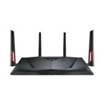 Router inalámbrico ASUS RT-AC88U con capacidades de doble banda (2,4 GHz y 5 GHz), Gigabit Ethernet y diseño en negro y rojo. SKU: RT-AC88U