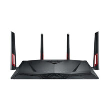 Router inalámbrico ASUS RT-AC88U con capacidades de doble banda (2,4 GHz y 5 GHz), Gigabit Ethernet y diseño en negro y rojo. SKU: RT-AC88U