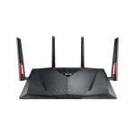 Router inalámbrico ASUS RT-AC88U con capacidades de doble banda (2,4 GHz y 5 GHz), Gigabit Ethernet y diseño en negro y rojo. SKU: RT-AC88U