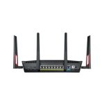 Router inalámbrico ASUS RT-AC88U con capacidades de doble banda (2,4 GHz y 5 GHz), Gigabit Ethernet y diseño en negro y rojo. SKU: RT-AC88U
