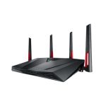 Router inalámbrico ASUS RT-AC88U con capacidades de doble banda (2,4 GHz y 5 GHz), Gigabit Ethernet y diseño en negro y rojo. SKU: RT-AC88U