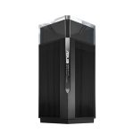 Imagen del ASUS ZenWiFi Pro ET12 Tribanda con frecuencias 2.4 GHz, 5 GHz y 6 GHz, mostrando su diseño negro con tres antenas internas. SKU: ZenWiFi Pro ET12 (1pk)