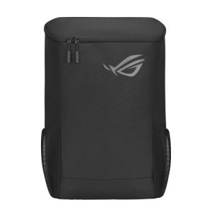 Vista de la ASUS ROG BP1800, una mochila de gaming negra fabricada en malla y poliéster, ideal para llevar portátiles. SKU: 90XB09JN-BBP020.