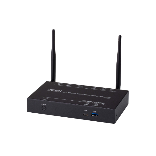 ATEN Switch de Presentaciones 4K con Vista Cuádruple Imagen del ATEN Switch de presentaciones 4K inalámbrico con Quad View, modelo VP2021-AT-G, ideal para videoconferencias y presentaciones multimedia.