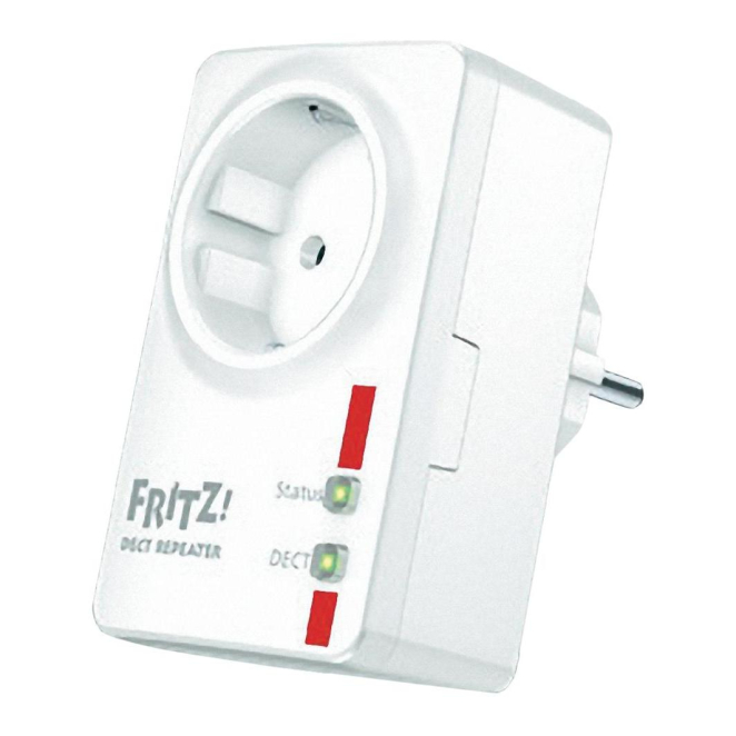 FRITZ! Repeater 100 dect con alcance extendido Vista frontal del FRITZ! Repeater 100, ideal para ampliar la cobertura DECT con SKU 20002641