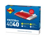 Router inalámbrico FRITZ! Box 4040, doble banda 2,4 GHz / 5 GHz, en colores rojo y plata. SKU 20002763