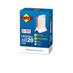 Imagen del router inalámbrico FRITZ!Box 6820 LTE versión 3 en color rojo y blanco, compatible con Gigabit Ethernet y banda única de 2,4 GHz. SKU 20002907.