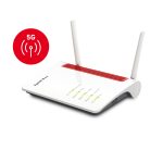 Router inalámbrico FRITZ!Box 6850 5G con doble banda 2.4 GHz y 5 GHz en colores negro, rojo y blanco. SKU: 20002914