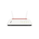 Router inalámbrico FRITZ!Box 6850 5G con doble banda 2.4 GHz y 5 GHz en colores negro, rojo y blanco. SKU: 20002914