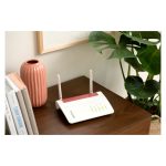 Router inalámbrico FRITZ!Box 6850 5G con doble banda 2.4 GHz y 5 GHz en colores negro, rojo y blanco. SKU: 20002914