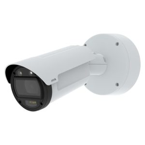 Cámara de seguridad IP Axis Q1808-LE para exteriores con resolución de 3712 x 2784 pixeles, SKU 02507-001, montada en la pared.