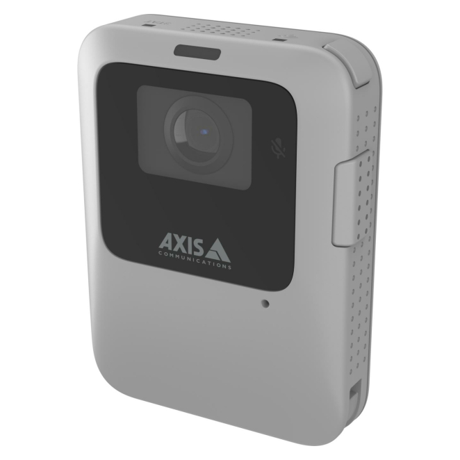Axis W110 Cámara Corporal Alámbrica con Sensor CMOS y Wi-Fi Imagen de la cámara corporal para torso Axis W110, alámbrica, con sensor CMOS de 1920 x 1080 píxeles en color negro y gris. SKU: 02644-001.