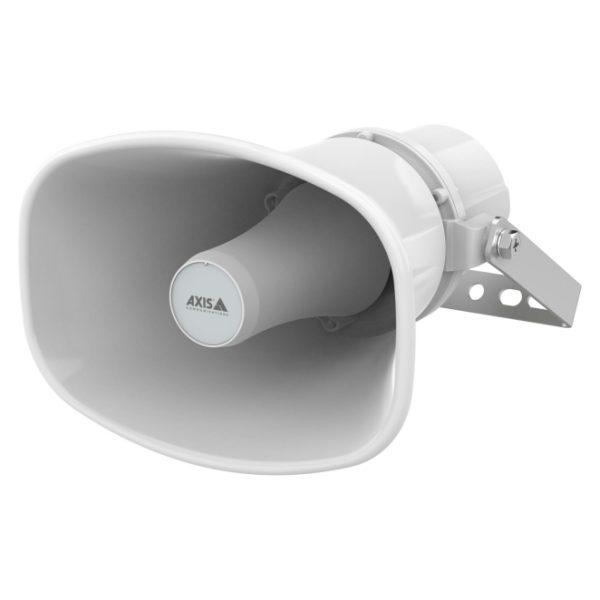 Imagen del altavoz Axis C1310-E Mk II gris, SKU 02813-001, mostrando su diseño moderno y capacidad de sonido potente ideal para cualquier espacio.