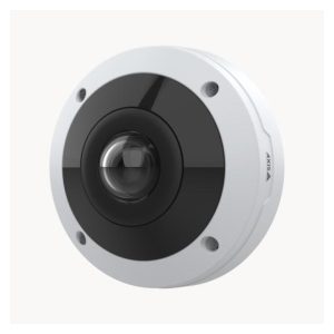 Imagen de la cámara de seguridad IP Axis M4317-PLR para exteriores, con resolución de 2560 x 1920 píxeles, SKU 02833-001, instalada en el techo.