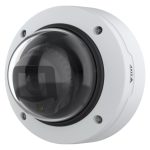 Vista de la cámara de seguridad IP Axis P3277-LV, equipada para uso interior y exterior, con resolución de 2592 x 1944 pixeles y opciones de montaje en techo o pared. SKU 03152-001.