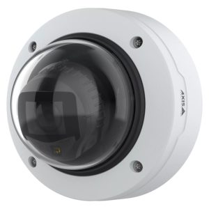 Vista de la cámara de seguridad IP Axis P3277-LV, equipada para uso interior y exterior, con resolución de 2592 x 1944 pixeles y opciones de montaje en techo o pared. SKU 03152-001.