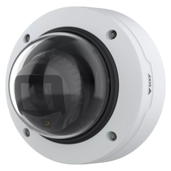 Vista de la cámara de seguridad IP Axis P3277-LV, equipada para uso interior y exterior, con resolución de 2592 x 1944 pixeles y opciones de montaje en techo o pared. SKU 03152-001.