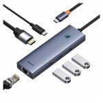Adaptador USB Baseus UltraJoy con 6 puertos, alámbrico, USB 3.2 Gen 1 y Type-C en color gris. SKU: B00052807813-00