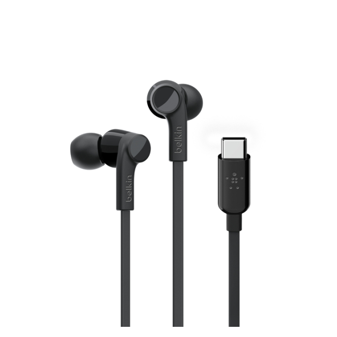 Belkin ROCKSTAR Auriculares USB-C Negros con Micrófono Imagen de los auriculares alámbricos Belkin ROCKSTAR USB tipo C en color negro, ideales para llamadas y música, SKU G3H0002BTBLK.